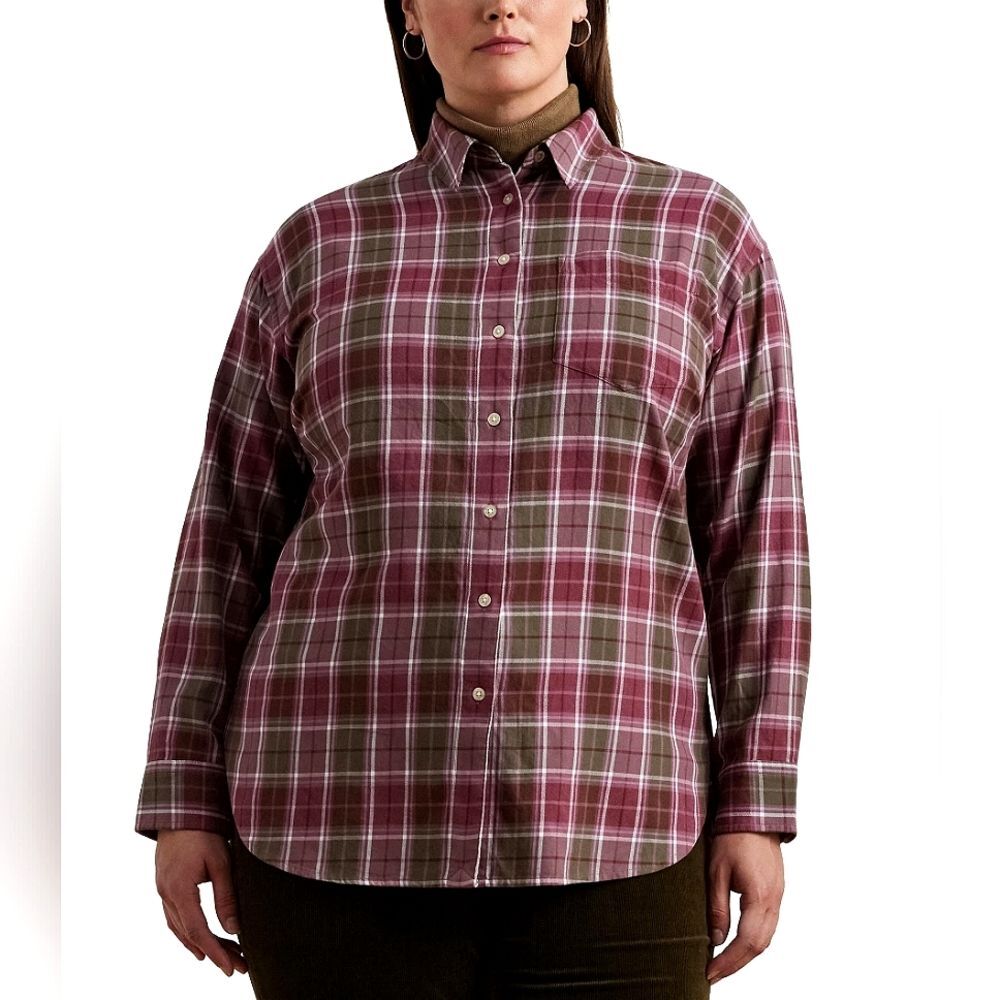 Lauren Ralph Lauren Brawley Button Up Down Shirt Womens Size 2X Plaid Old Money